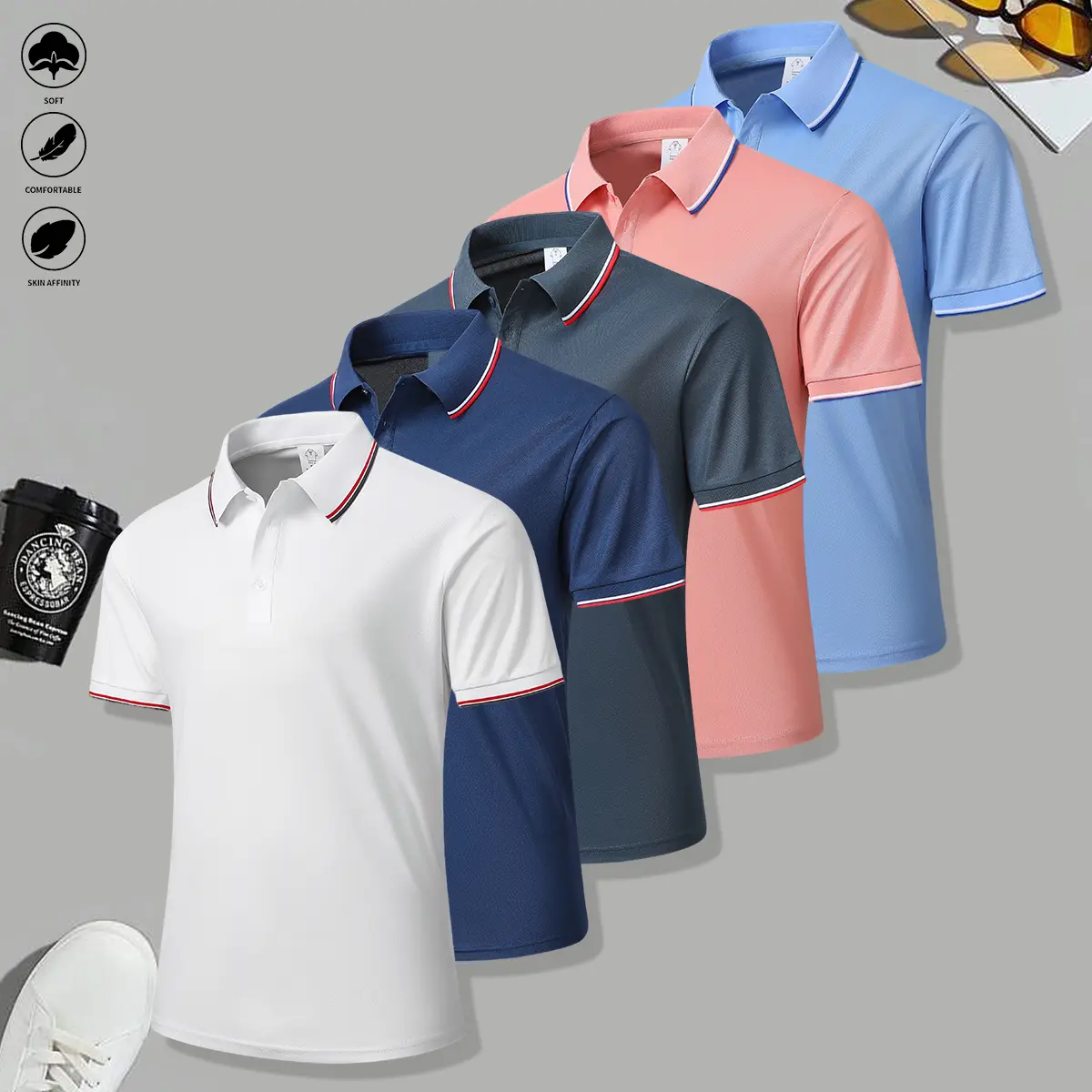 White + navy blue + gray + pink + light blue