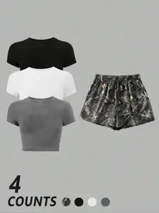 Women's Camo Print Shorts Set, Casual Comfy Short Sleeve T-shirt & Camo Print Shorts, Ladies Summer Clothes, Womenswear