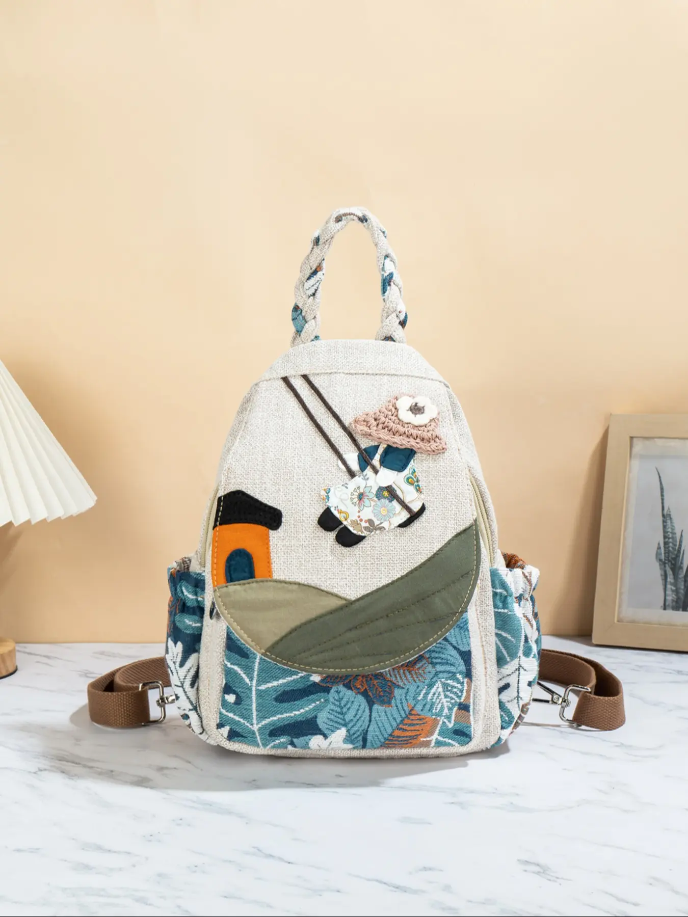Boho Style Handwoven Hat & Girl's Cute Backpack Set, Multi-Layer Flip-Top Design, Original Two-In-One Chest Bag & Back Pack