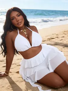 Women's Plus Size New Halter Tie Triangle Cup Mesh Bikini Set, Halter Bikini Swimsuit, Perfect for Beach, Pool, and Sea, European and American Style