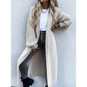 Women's Solid Color Drop Shoulder Split Hem Long Cardigan, Casual Long Sleeve Open Front Knitwear for Fall & Winter, Fashion Women's Knit Clothing for Daily Wear
