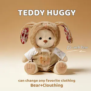 TEDDY HUGGY Adorable Teddy Bear Collection - Brown Long-Eared Rabbit Dress Paired with a Cute Teddy Bear - 12 Inches Tall - Soft Plush Toy with Movable Joints - The Perfect Gift for Any Age.