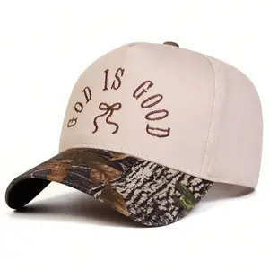 Coquette Christian "God is Good" Baseball Cap for Women | Retro Camo & Two-Tone Bow Embroidered Trucker Hat | Cute Faith Statement Aesthetic Dad Hat