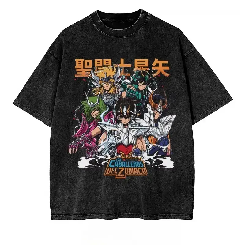 Unisex Vintage Washed Saint Seiya 5 Bronze Saints Group Print T-Shirt - Los Caballeros Del Zodiaco Retro Anime Graphic, Oversized Streetwear Casual Tee for Classic Anime Fans, Relaxed Fit Menswear Top