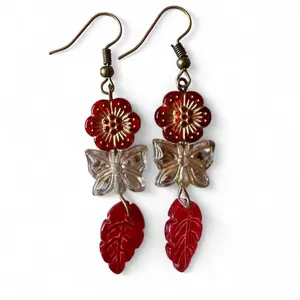 Hand Crafted Red and Gold Butterfly Leaf Dangle Earrings for Women with Elegant Design and Vibrant Colors