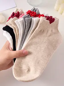 5 pairs of women's ankle socks, red heart pattern, simple and trendy, Elegant, comfortable, Fit and suitable for all seasons