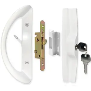 Patio Sliding Door Handle Set with Mortise Lock, Key Cylinder and Keeper, Replacement Handle Lock Fits 1-1/2" to 1-3/4" Thick Doors, 3-15/16" Screw Hole Spacing, Keyed, White