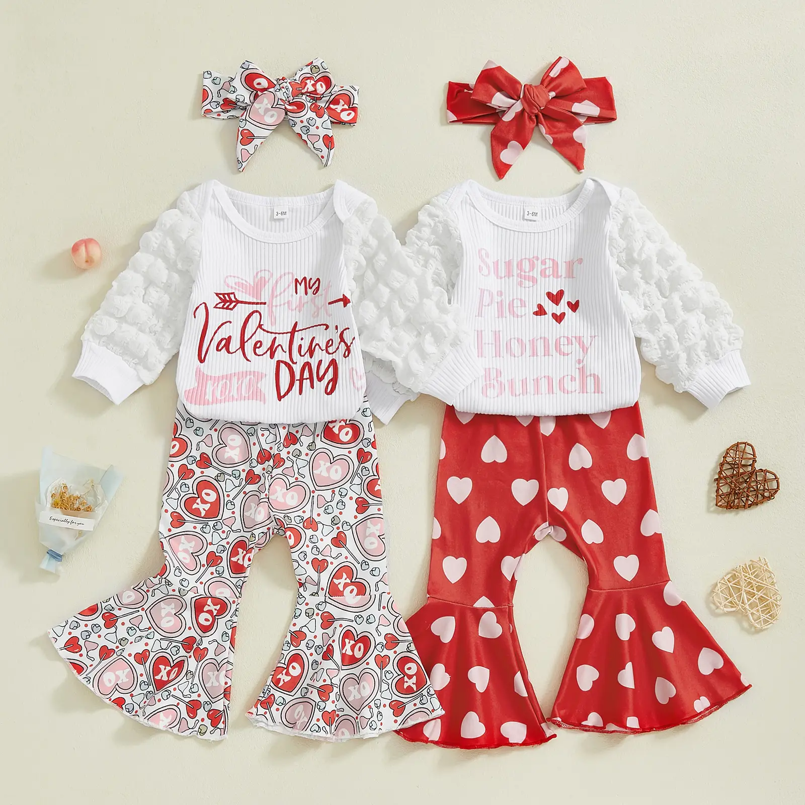 My First Valentine's Day Outfits Newborn Baby Girl Outfits Long Sleeve Ribbed Romper Heart Flare Pant Headband 3Pcs