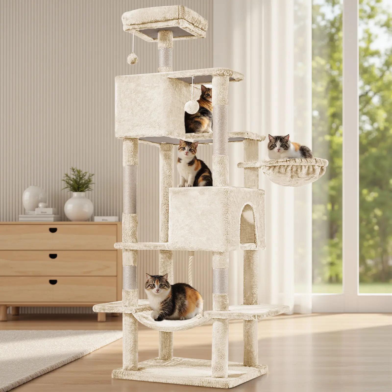 Cat Tree Tower, Multi-Cat Climbing Tower with Condo, Natural Sisal Scratching Posts, Extended Platform, Hammock, Pet House for Indoor Cats and Kittens Play