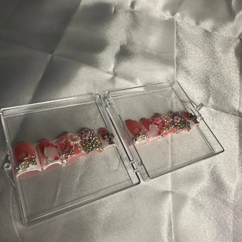 Acrylic Press On Junk Nails - Pink Decorative Design in Clear Storage Case