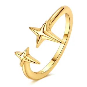 MULA 925 Sterling Silver Open Star Ring, 18K Gold Plated - Adjustable jewelry inspired by the starry sky for women and teens, ideal gift for Christmas, birthday, Valentine's Day
