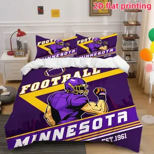 2D Flat 3Pcs American Football Minnesota Team Theme Bedding, Super Sport Purple and Gold Game Day Graphic Comforter Cover (1 Duvet + 2 Pillowcases, No Insert) - For Bedroom Decor Home Decoration Minnesota Vikings Bedding Set