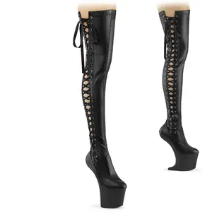 Women's 8 in Heelless Wedge Footwear - CRAZE-3050 Black Stretch PU Lace Boot with Platform