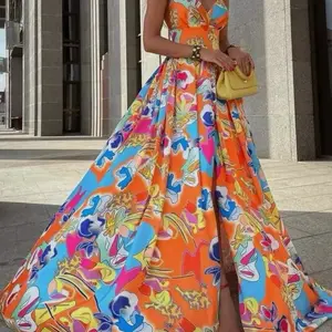 Santorini Sunset Dress -Vibrant Floral Maxi Dress with Slit for Women - Orange and Blue Patterned Sleeveless Gown for Casual and Formal Events