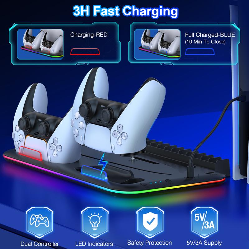 ESYWEN Cooling Stand and Controller Charging Station for PS5 Slim Console Disc/Digital, Headset Holder, 15 Game Slot for Playstation 5 ESYWEN Cooling Stand and Controller Charging Station for PS5 Slim Console Disc/Digital, Headset Holder, 15 Game Slot for Playstation 5
