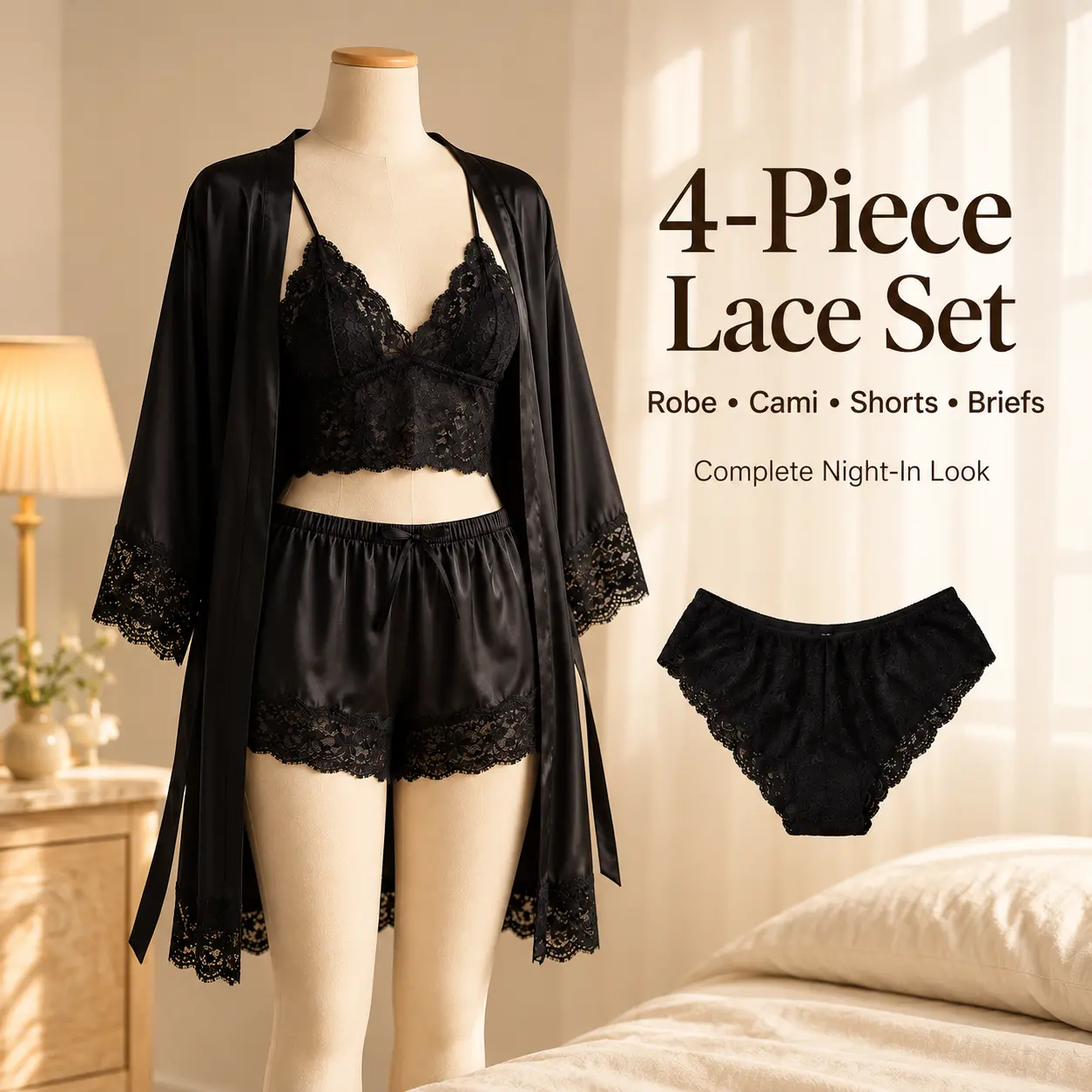 Women’s 4-Piece Multi-Piece Loose Fit Solid Colors Imitation Silk Satin-Look Polyester PJ Sets for Women - Mesh Accent Lace-Trim Robe, Camisole Top, Shorts, Briefs - S-5XL Soft Loungewear