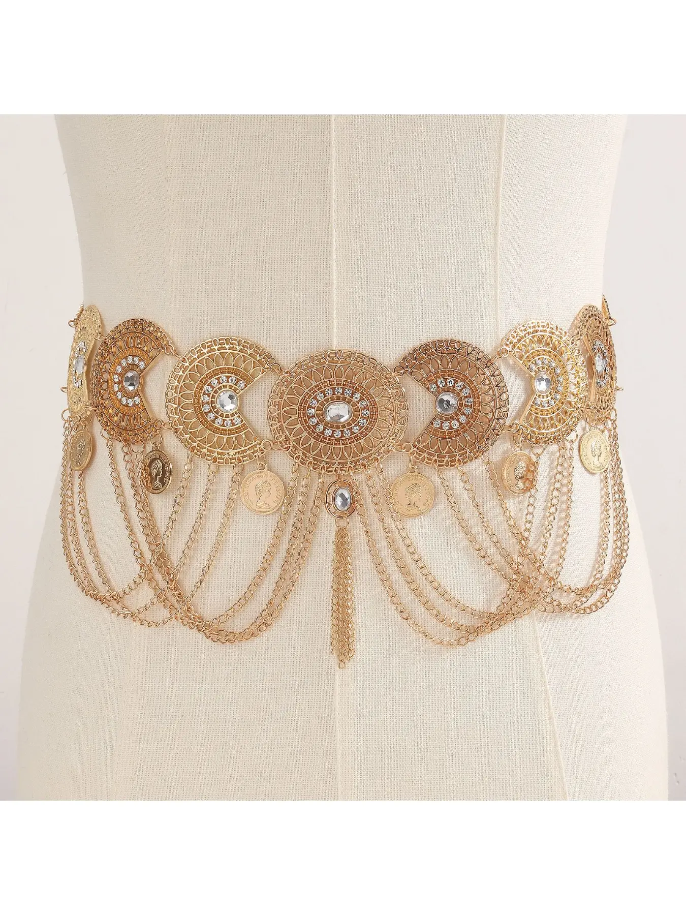 Retro Tang style Dunhuang Feitian Hanfu waist chain exotic ethnic style accessories belly dance tassel geometric coin belt Fashion Belt Statement Belts Adjustable Waist Belt Metal Waistband