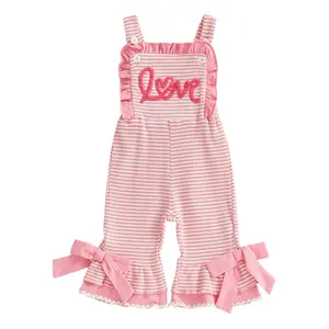 Canrulo Toddler Baby Girl Valentines Day Outfit Ruffle Romper Jumpsuit Love Embroidery Sleeveless Striped Bell Bottom Overall