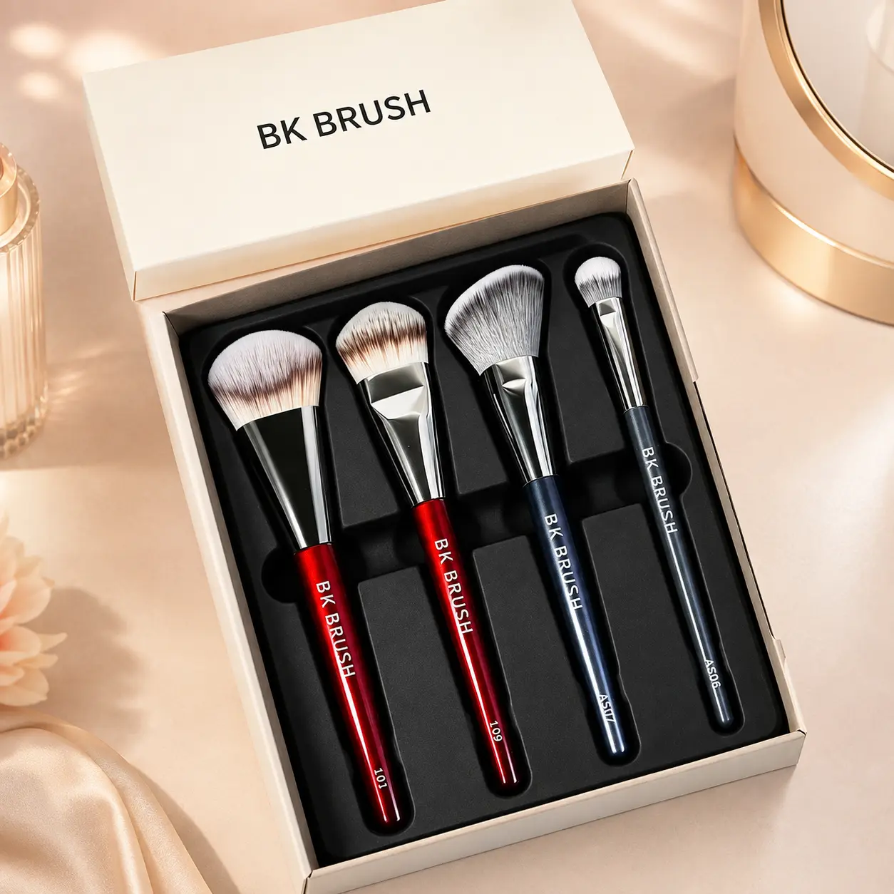 BK BRUSHES 101 Contoured Foundation Brush & A506 Concealer Brush, Face Makeup Brushes for Liquid or Cream Foundation, Under-Eye Concealing and Contouring, Viral “Kitten Paw” Design