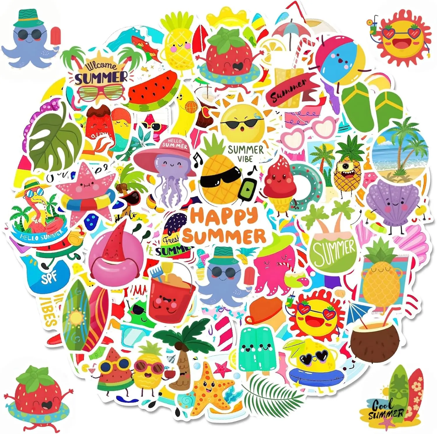 300Pcs No-Duplicate Vibrant Vinyl Waterproof Stickers for Kids - Hawaiian Beach, Watermelon, Tropical Designs, Sunglasses Accents - Summer Party Favors for Kids and Adults, Ideal for Water Bottles, Laptops, Tropical Events