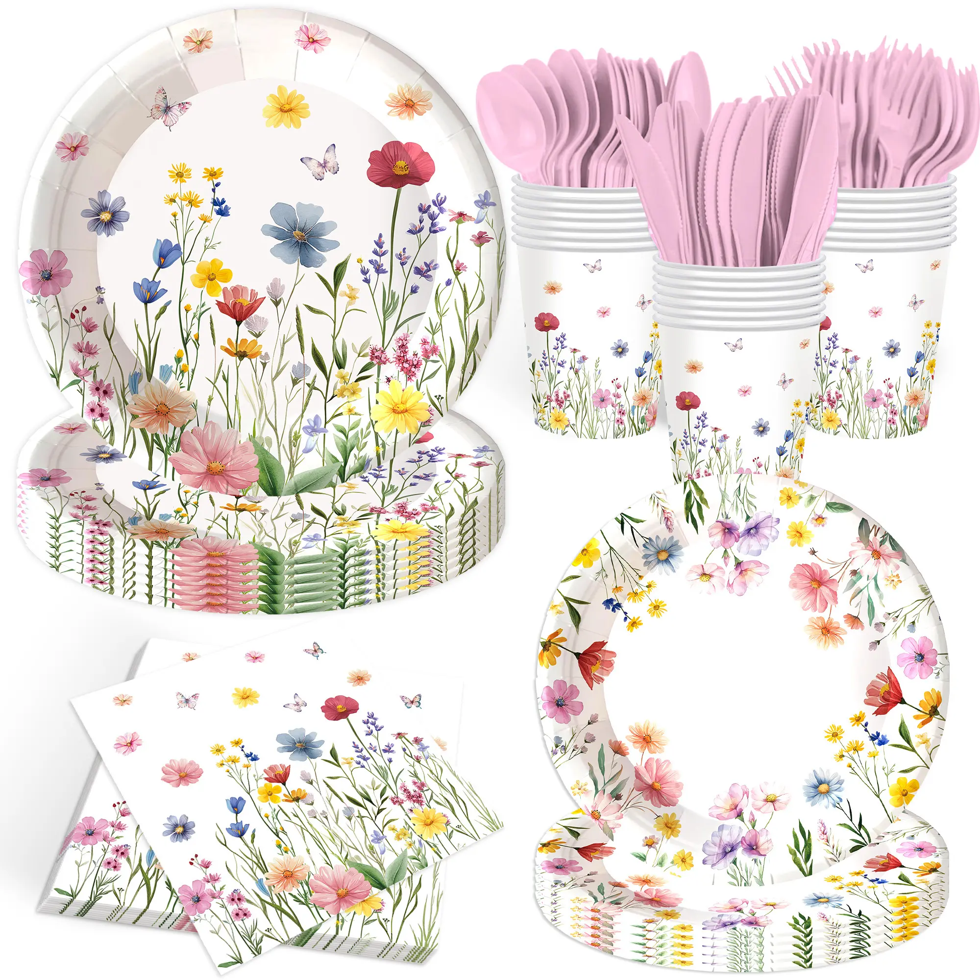 140Pcs Wildflower Party Supplies Tableware Set Wildflower Paper Plates and Napkins for Baby Shower Birthday Wedding Tea Party Decorations Floral Plates, Serve 20 Guests