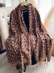 Elegant Leopard Print Scarf with Fringe Decor, Soft Warm Casual Shawl for Women, Fashion Accessory for Fall & Winter, Perfect Birthday Gift