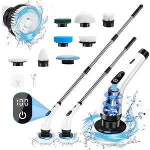 Electric Spin Scrubber - Cordless Cleaning Brush with 8 Heads & Long Handle Power Shower Scrubber for Bathroom Kitchen Tile Floor, White CLNEZ