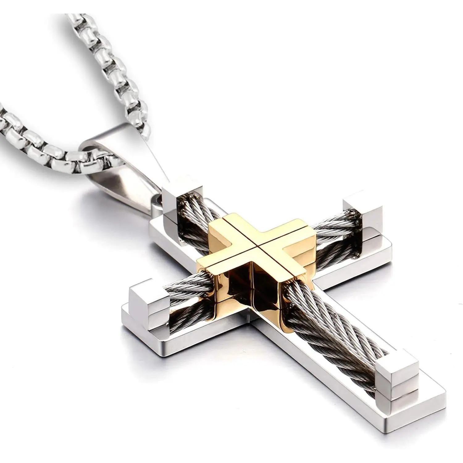 Cassieca Classic Square Cross Charm Necklace - Unisex Steel-Plated Stainless Steel Crucifix Motif Pendant, 20" & 23.5" Square Rolo Byzantine Link Chain, Men's Jewelry Accessory, Crucifix Motif Necklaces