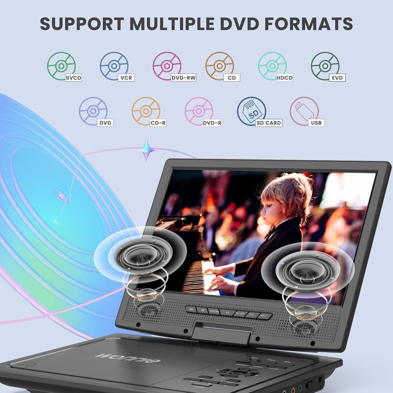 12.5" Portable DVD Player for  with 10.5" Swivel Screen, 5 Hours Rechargeable ,  DVD Player with Headrest Mount, Dual Speakers, Remote Control, Support USB/SD Card/Sync TV