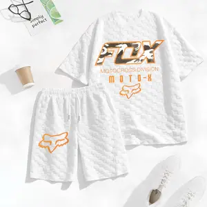 Men's Racing Motocross Graphic 2 Piece Outfit Short Sleeve T Shirt and Shorts Set Summer Casual Streetwear Athletic Sportswear Breathable Textured Fabric Elastic Waist Drawstring Shorts Gym Workout Lounge Set Fashion Matching Outfit