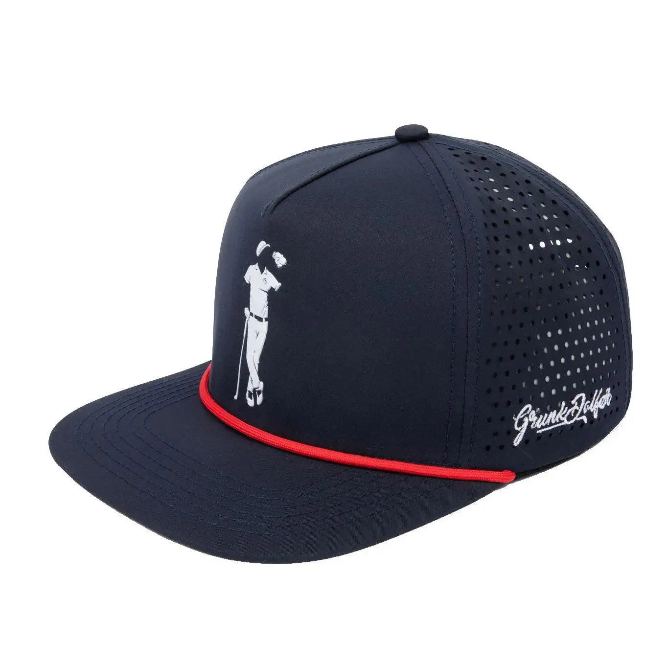 Grunk Navy Golf Performance Hat with Golfing Graphic, Adjustable Snapback Closure, and Red Strap, Golf Performance Hats