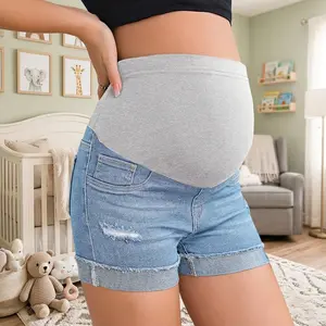 High Waist Maternity Denim Shorts, Belly Support Stretch Jean Shorts, Casual Summer Pregnancy Shorts for Women, Ripped Rolled Hem, Butt Lifting, S-XL outdoorfun Pillow Velvet