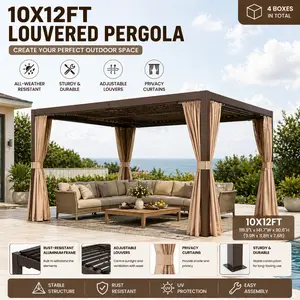 Aluminum Louvered Pergola 10x12 FT Dual Adjustable Roof OutdoorHardtop Canopy Brown Shade Structure with Integrated Gutter System Rust Resistant All Weather Frame for Backyard Deck Patio Makeover Poolside Oasis furniture tiktokshopspringglowup