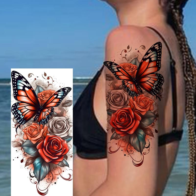 Adults' Realistic Temporary Body Art Tattoos - 6 Sheets Floral Butterfly & Rose Designs, Waterproof Long-Lasting Durable Half Sleeve Arm Stickers, Casual Use, Suitable for Glass Surfaces