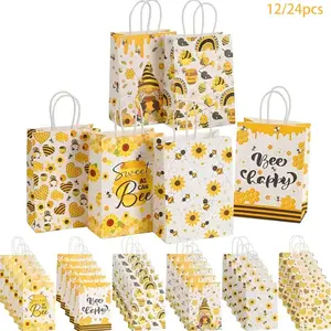 12/24 Pcs Honey Bee Gift Bags with Handles Bee Paper Candy Goodie Bags for Party Favor for Party Decorations Birthday Baby Shower Supplies
