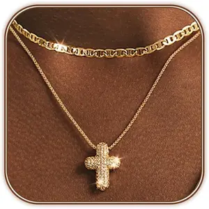 Bubble Cross Necklace for Women 14k Gold Plated Cross Necklace Stackable Dainty Gold Necklace Mariner Chain Necklace CZ Cross Pendant Necklaces Set Simple Jewelry Gift