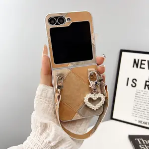 Stylish Color Block Plaid Phone Case for Samsung Galaxy Z Flip7/6/5/4/3, Includes Handheld Lanyard, Anti-Slip and Shockproof Design