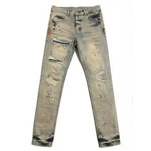 Men'S Slim Fit Light Wash Distressed Jeans | Stretchy Blend Fabric, Paint Splatter & Patchwork Design, Durable Stitching, Trendy Streetwear Style, Comfortable Everyday Wear, Must-Have Wardrobe Essential For Pants Retro Camouflage big guy pants jeans men