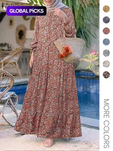 Women's Ditsy Floral Print Long Sleeve Tunic Modest Style Dress, Casual Round Neck Dress for Holiday Vacation Daily Wear, Ladies Clothes for All Seasons, Muslim Dress, Muslim Outfits