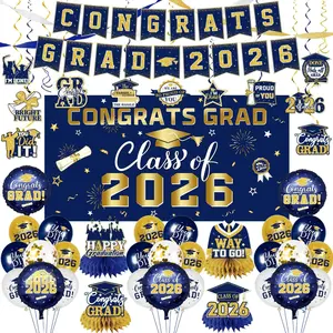 2026 Graduation Decorations-Class of 2026 Decorations Set with Congrats Grad Backdrop,Banner, Centerpiece and Balloons for Blue  Graduation Party Supplies