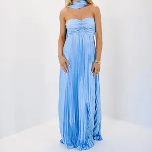 Women Long Dress Solid Color Pleated Tube Dress Summer Fashion Backless Casual Strapless Dress with Choker Scarf Light Polyester Womenswear Check(Sheets)
