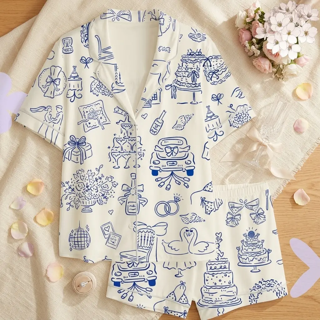 Something Blue Bridal Pajama Set White Blue Wedding Doodle Print Bachelorette Party PJs Short Sleeve Button Down Shirt Shorts Sleepwear Bride To Be Honeymoon Gift for Women Just Married Soft Cozy Lounge Set Trendy Matching Pyjamas