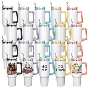 FASTSUB 40 oz Bulk Sublimation Tumblers - Stainless Steel Insulated Metal Flasks with Removable Handle, Lid, Straw, Double Wall Vacuum, Portable Drinkware