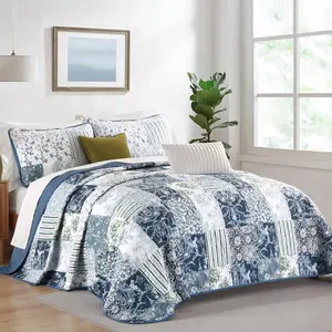 Patchwork Quilt Set  Size, Blue Plaid Reversible Bedspread Coverlet Set 3 count for  Season, Soft Microfiber Bedding Set 104"x90"