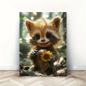 Adorable Raccoon Holding Sunflower Canvas Painting Artwork - Durable, High-Quality Nature Charm Wall Art Print for Home Decoration, Perfect for Living Rooms & Bedrooms