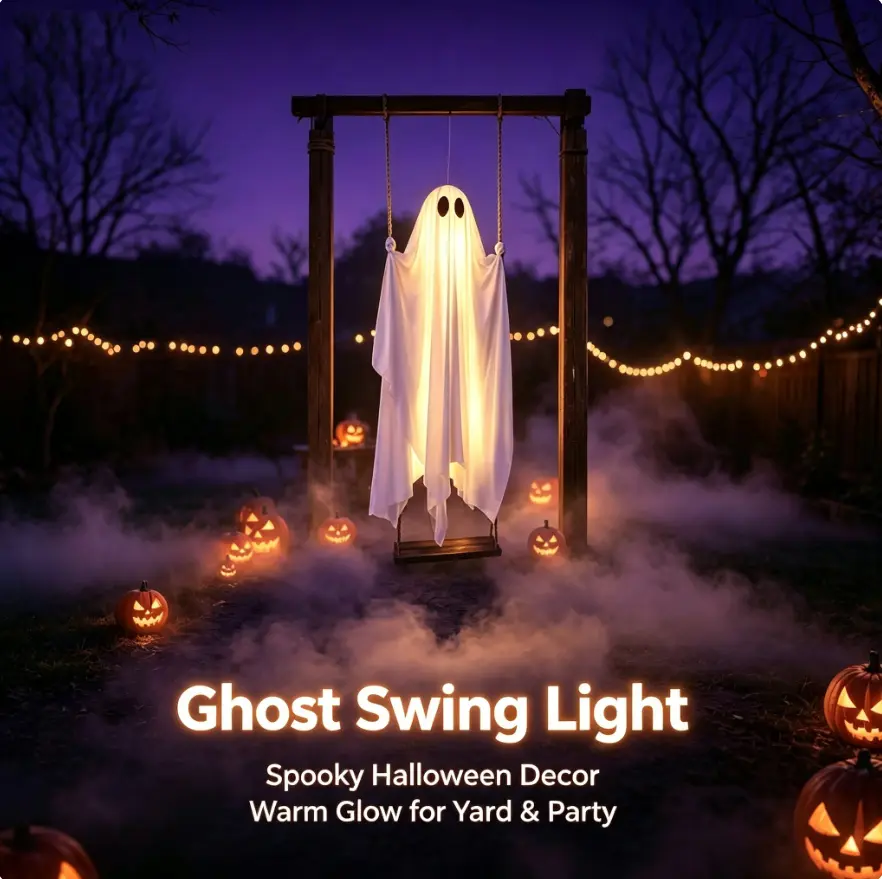Halloween Decorations Outdoor - 5FT Large Hanging Ghost Swing with Remote Control String Lights, Scary Ghost Halloween Party Decor Outside for Tree Porch Yard Garden Lawn Ornaments halloween spooky decor