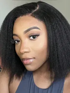 Ready To Wear Kinky Straight Bob Short Yaki Straight Human Hair Wig For Women, 5x5 Lace Front, Pre-Plucked Glueless Wig With Natural Look & Easy Maintenance, Short Hair Wig, Lace Frontal Wigs