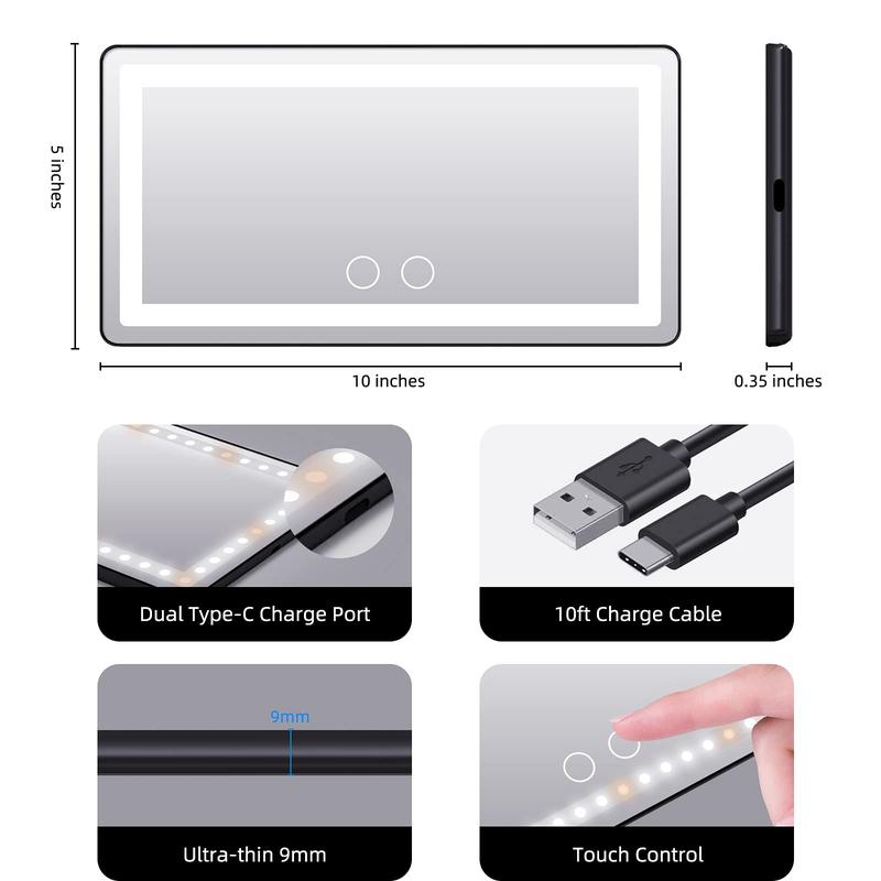 JOYTUTUS Car Sun Visor Vanity Mirror with 3 LED Lights USB Rechargeable 1500mAh Battery Touch-Sensitive Control Dimmable Bicolor Lighting for Enhanced Makeup Routine