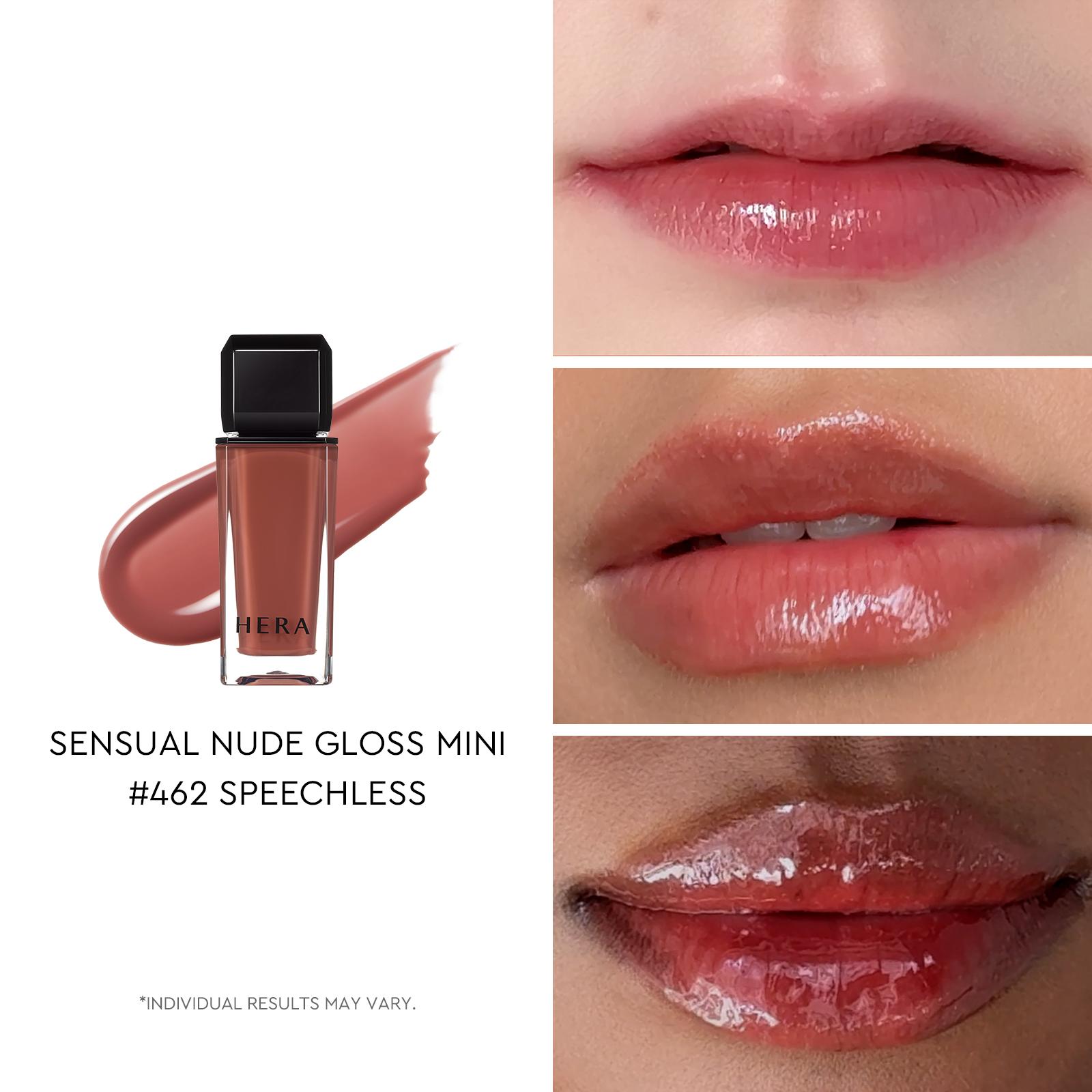 HERA Sensual Nude Lip Gloss Mini Duo #462 SPEECHLESS + #380 CHERISH | Volumizing Sheer & Glossy Finish, Non-sticky, Moisturizing and Hydrating, Signature Shades, Mini Size Duo for Gift, 0.07 oz.× 2EA