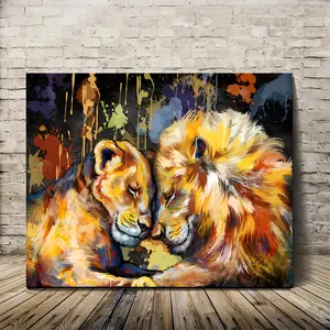Abstract Lion Couple Canvas Wall Art - Wooden Frame Print for Living Room, Bedroom, Kitchen, and Office Decoration - Perfect Gift Idea, Suitable for Room Decoration